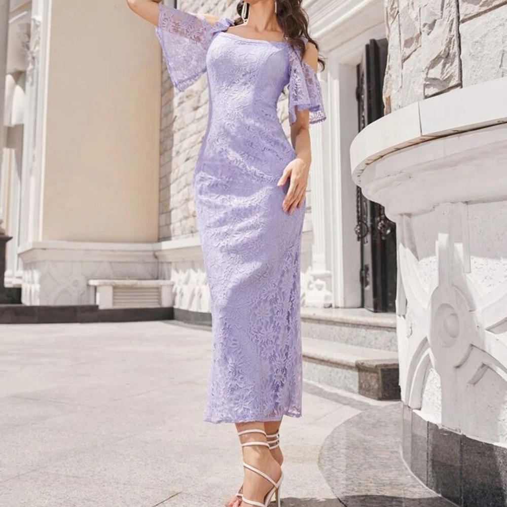 Cold Shoulder Short Sleeve Lace Dress Below Knee Length Purple Extra Small